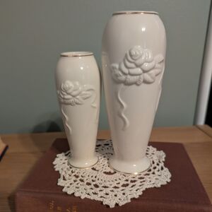 Lenox White and Gold Rose Embellished Vase Set